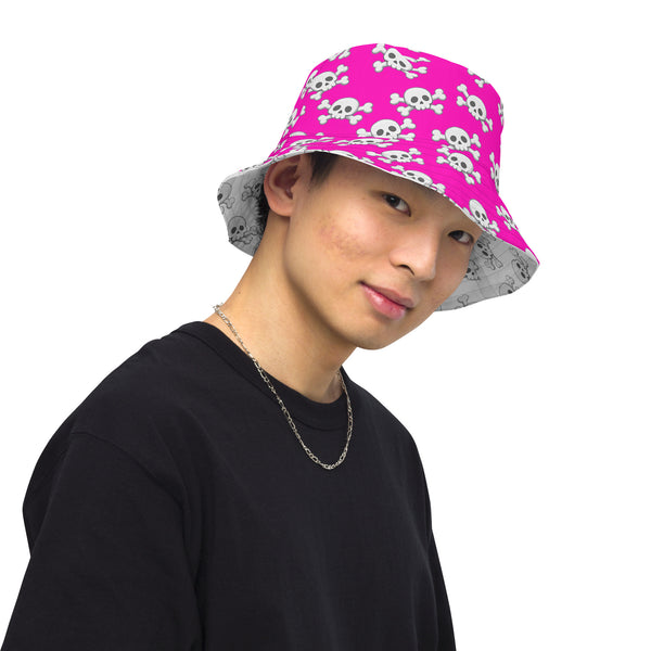 Reversible Pink Skull and Crossbones Bucket Hat - Punk Festival Headwear - All Over Print