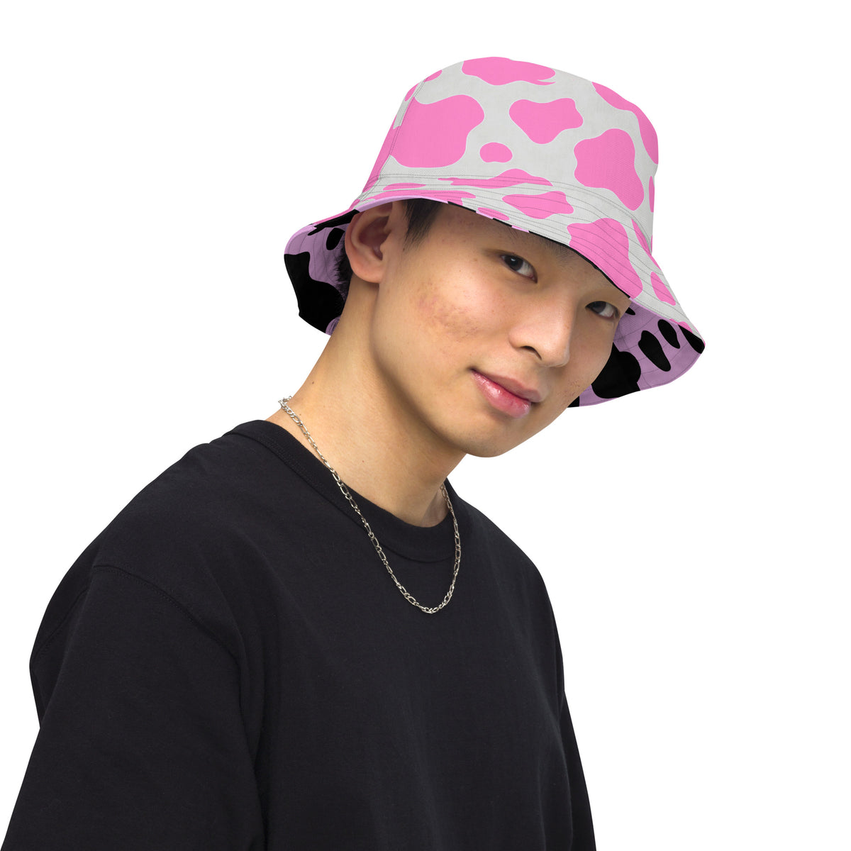 Reversible Pink Cow Print Bucket Hat - Cute Festival Headwear - All Over Print