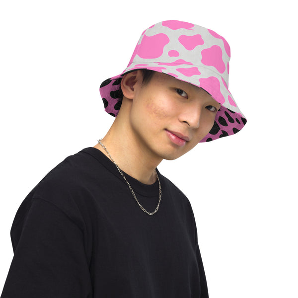 Reversible Pink Cow Print Bucket Hat - Cute Festival Headwear - All Over Print