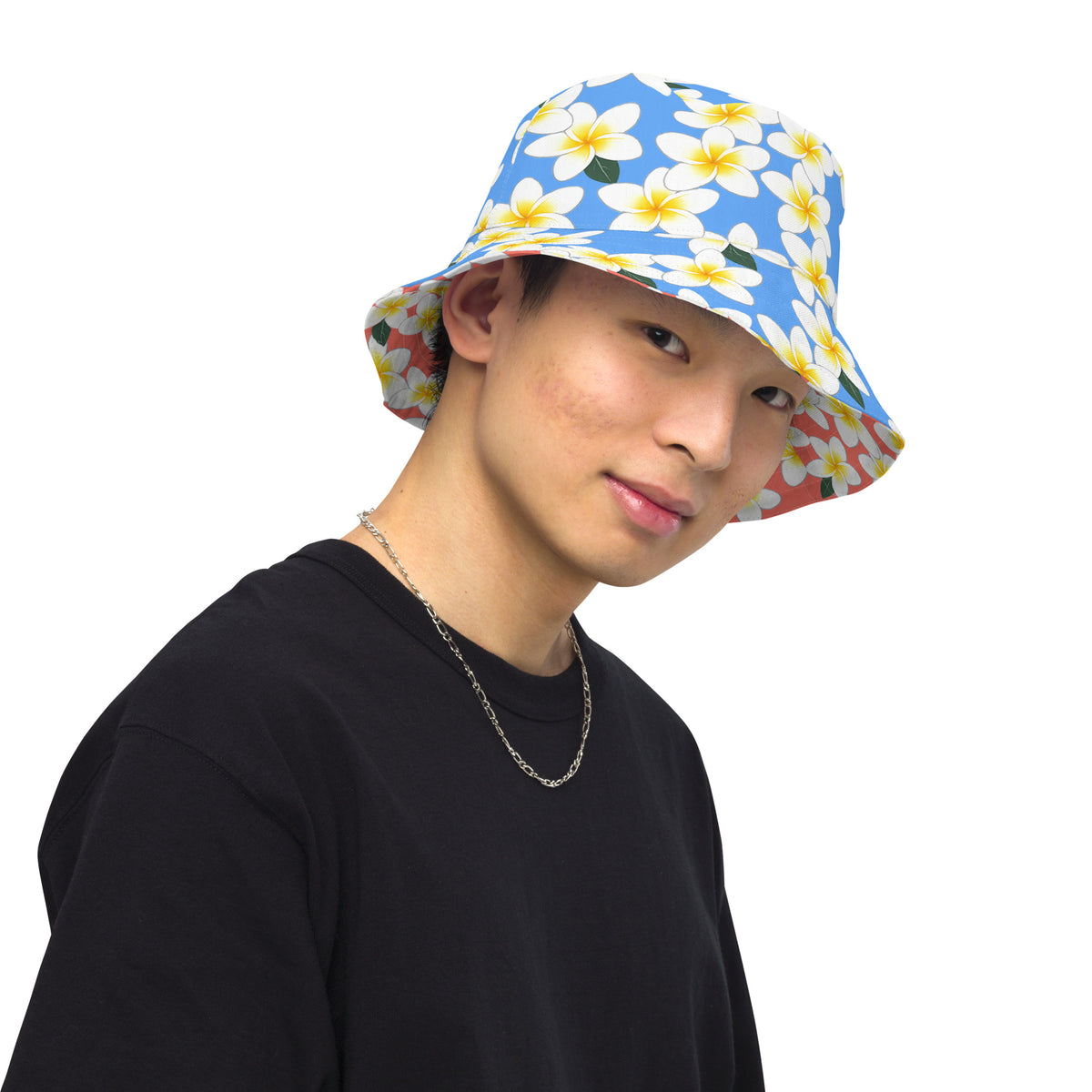 Reversible Plumeria Bucket Hat - Blue & Coral Tropical Hawaiian Sun Hat