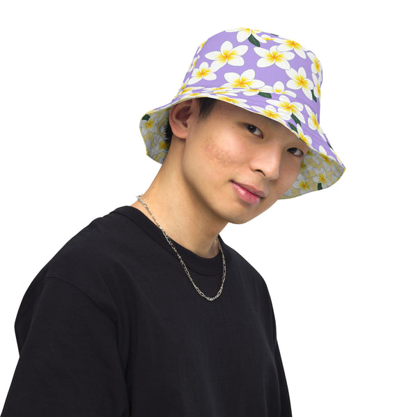 Reversible Plumeria Flower Bucket Hat - Purple & Yellow Hawaiian Sun Hat