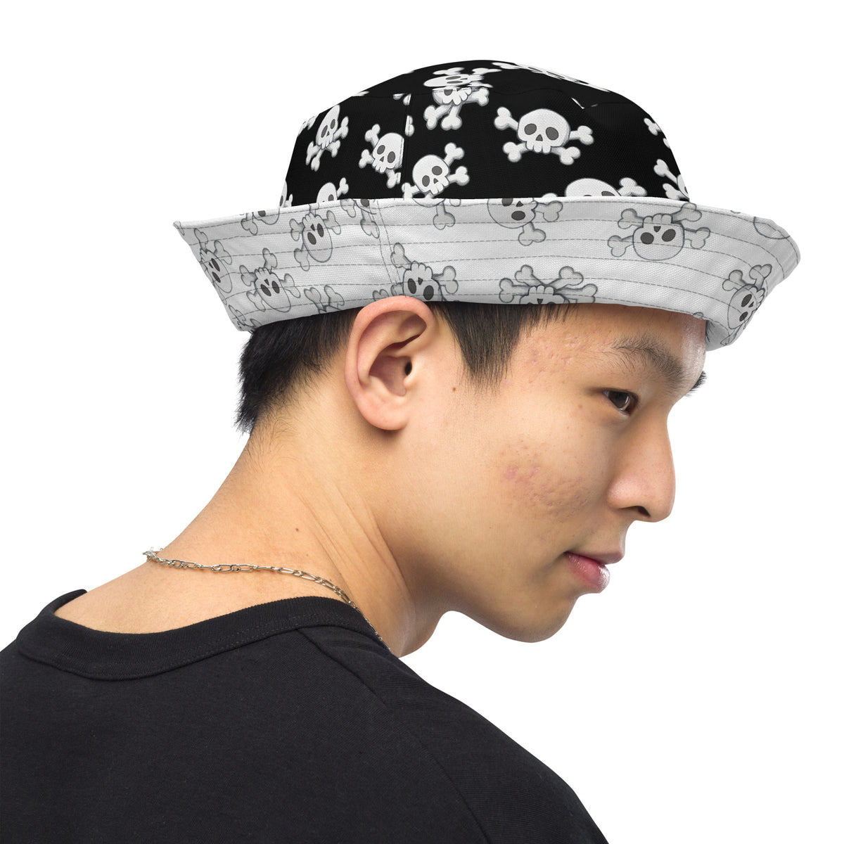 Skull and Crossbones Reversible Bucket Hat - Black and White All Over Print Hat - Gothic Festival Hat - Skull Pattern