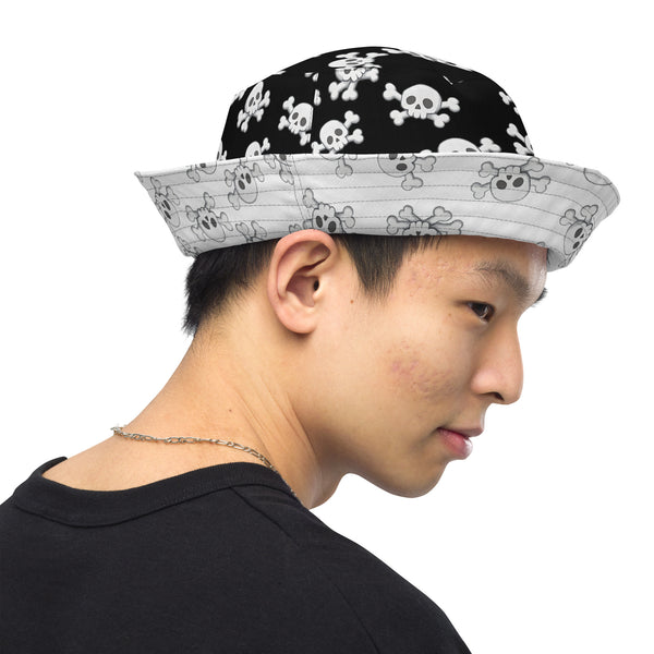 Skull and Crossbones Reversible Bucket Hat - Black and White All Over Print Hat - Gothic Festival Hat - Skull Pattern