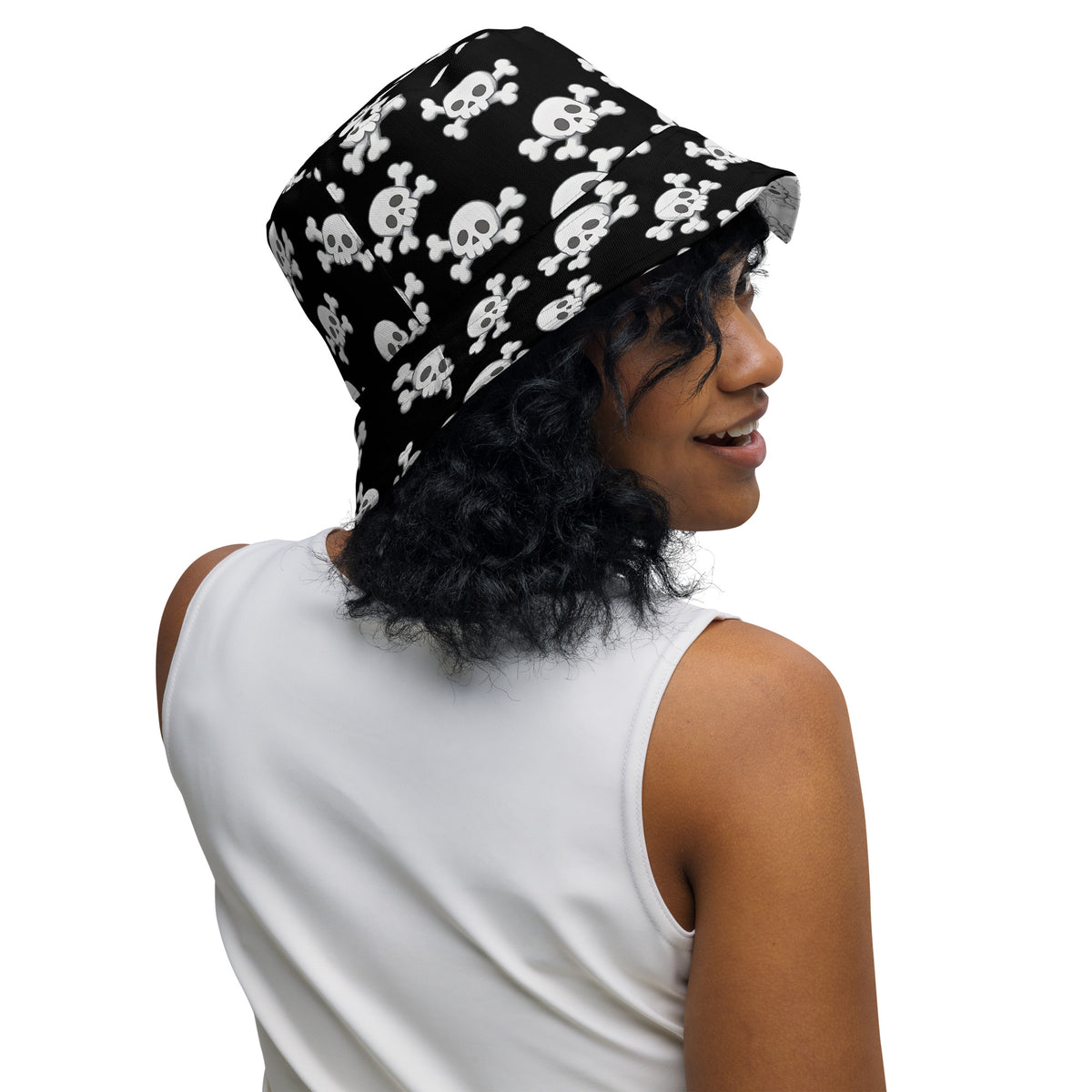 Skull and Crossbones Reversible Bucket Hat - Black and White All Over Print Hat - Gothic Festival Hat - Skull Pattern