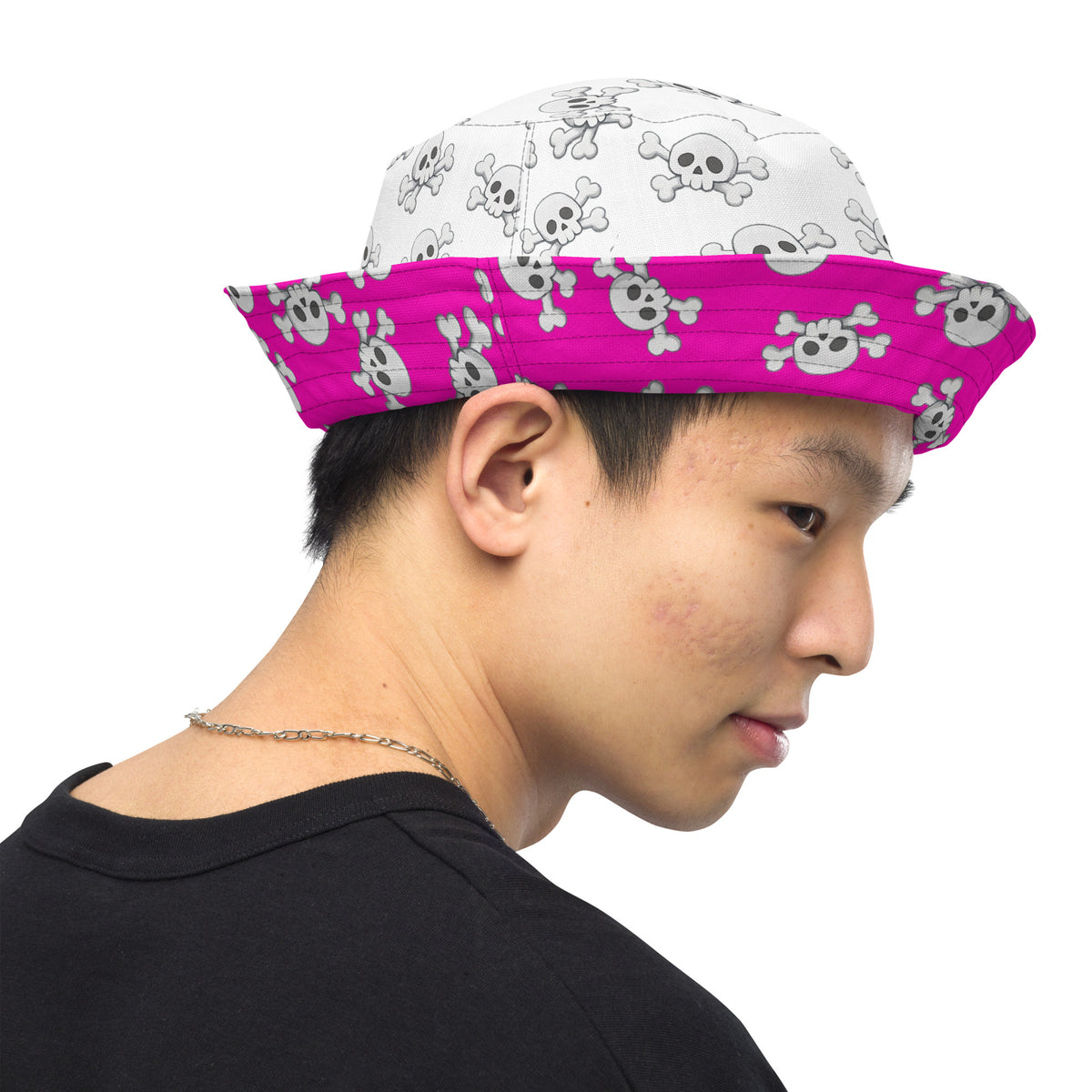 Reversible Pink Skull and Crossbones Bucket Hat - Punk Festival Headwear - All Over Print