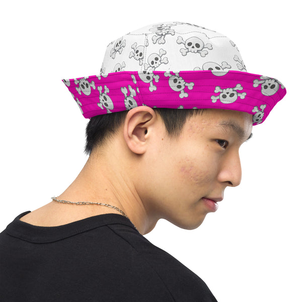 Reversible Pink Skull and Crossbones Bucket Hat - Punk Festival Headwear - All Over Print