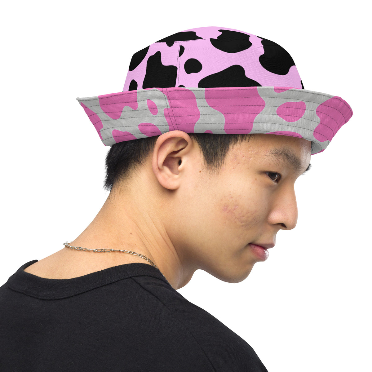 Reversible Pink Cow Print Bucket Hat - Cute Festival Headwear - All Over Print