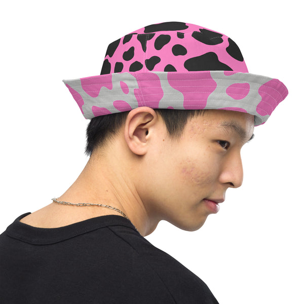Reversible Pink Cow Print Bucket Hat - Cute Festival Headwear - All Over Print