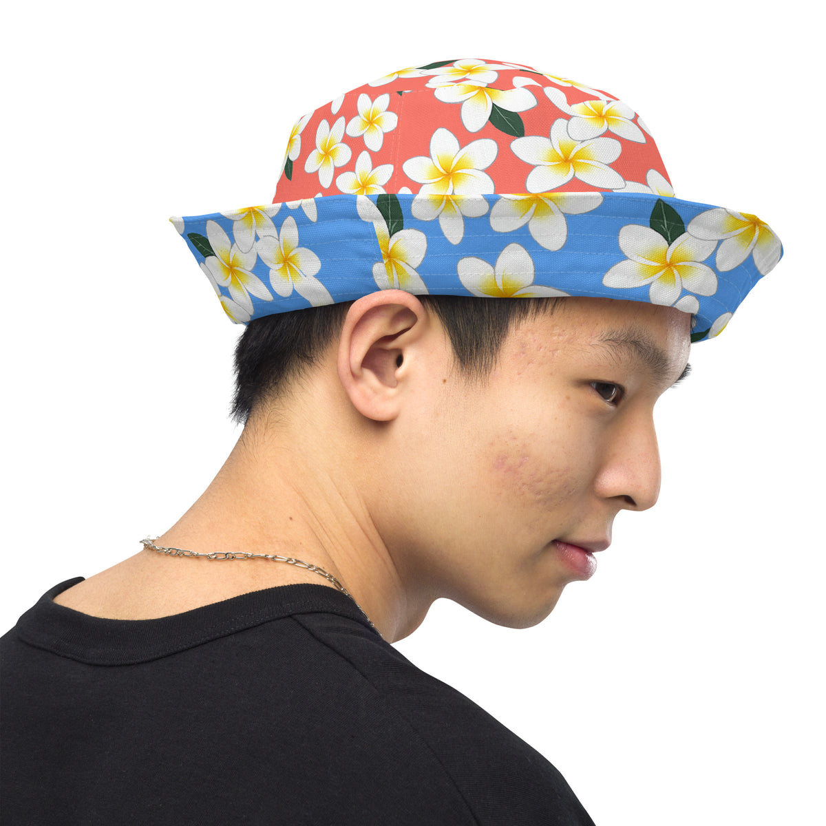 Reversible Plumeria Bucket Hat - Blue & Coral Tropical Hawaiian Sun Hat