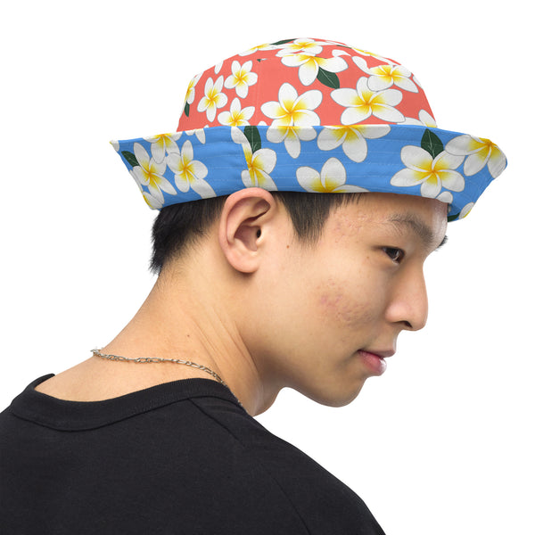 Reversible Plumeria Bucket Hat - Blue & Coral Tropical Hawaiian Sun Hat