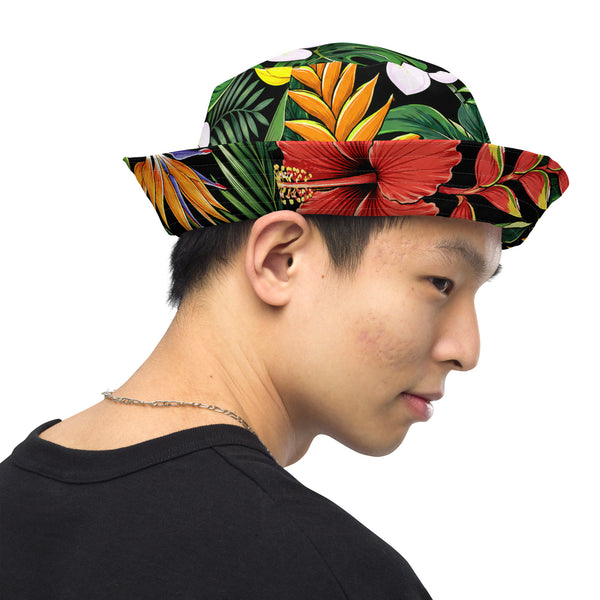 Reversible Tropical Bucket Hat - Hawaiian Hibiscus Floral Sun Hat