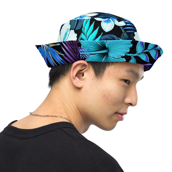Reversible Bucket Hat - Blue Hawaiian Floral Sun Hat
