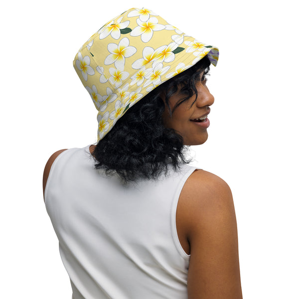 Reversible Plumeria Flower Bucket Hat - Purple & Yellow Hawaiian Sun Hat