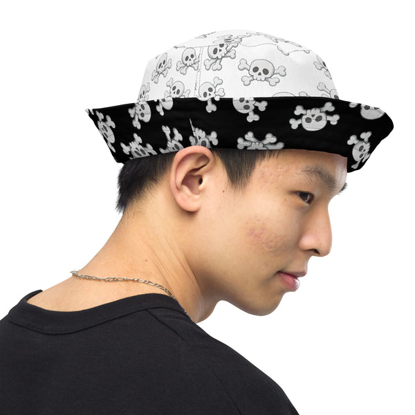 Skull and Crossbones Reversible Bucket Hat - Black and White All Over Print Hat - Gothic Festival Hat - Skull Pattern