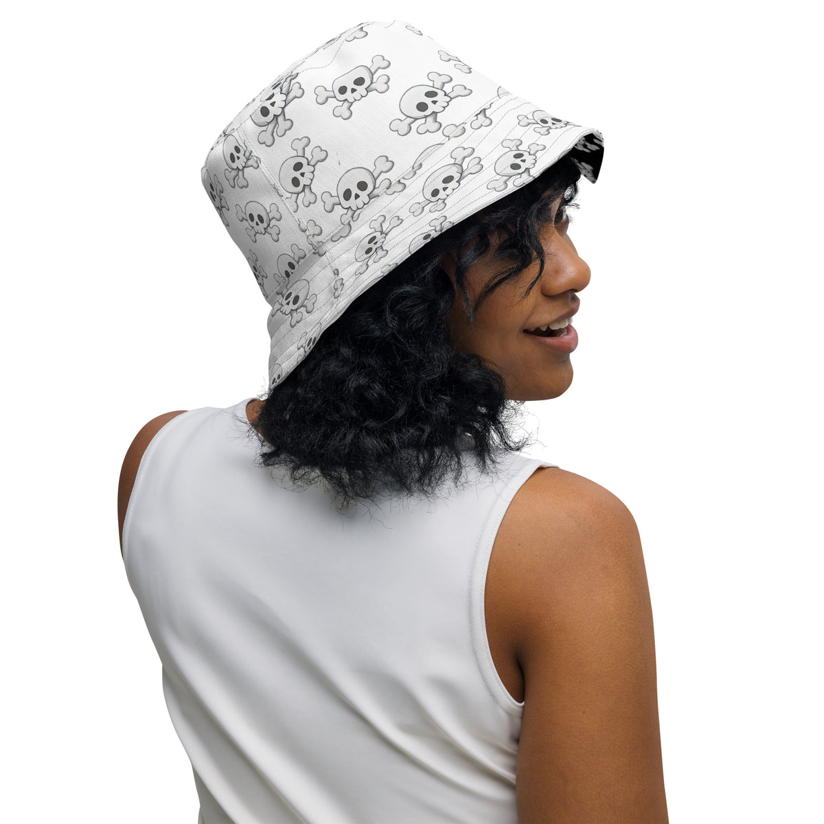Skull and Crossbones Reversible Bucket Hat - Black and White All Over Print Hat - Gothic Festival Hat - Skull Pattern