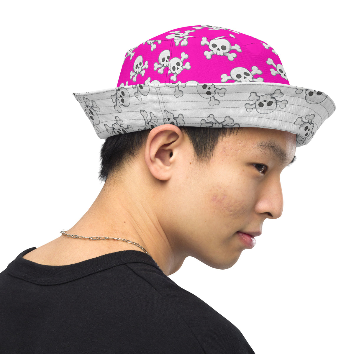Reversible Pink Skull and Crossbones Bucket Hat - Punk Festival Headwear - All Over Print