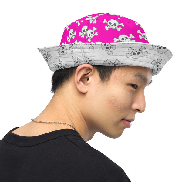 Reversible Pink Skull and Crossbones Bucket Hat - Punk Festival Headwear - All Over Print