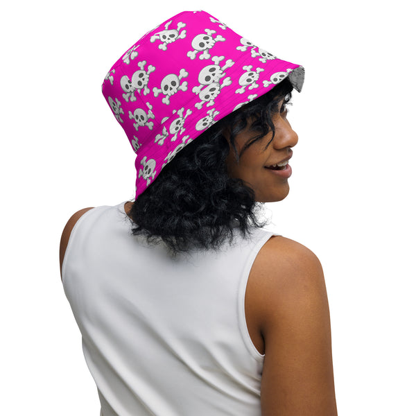 Reversible Pink Skull and Crossbones Bucket Hat - Punk Festival Headwear - All Over Print