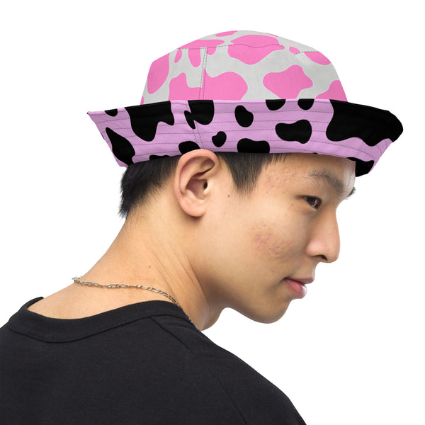 Reversible Pink Cow Print Bucket Hat - Cute Festival Headwear - All Over Print