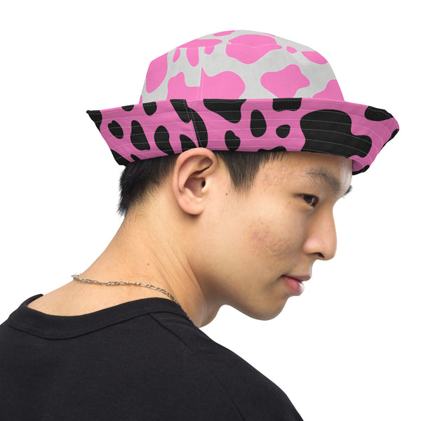 Reversible Pink Cow Print Bucket Hat - Cute Festival Headwear - All Over Print