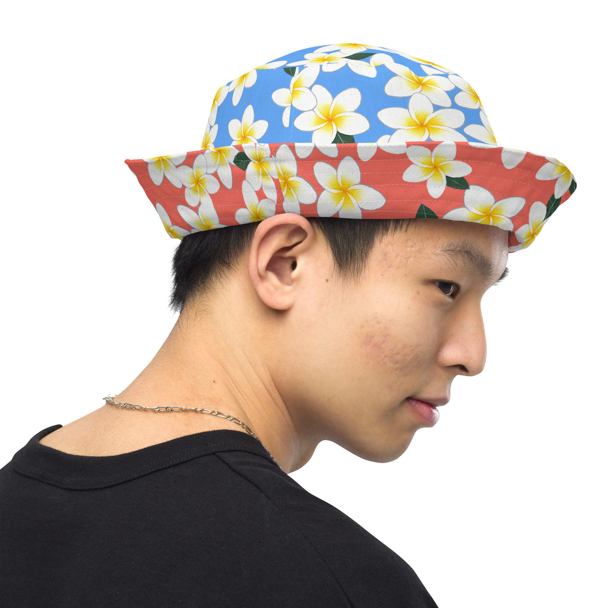 Reversible Plumeria Bucket Hat - Blue & Coral Tropical Hawaiian Sun Hat