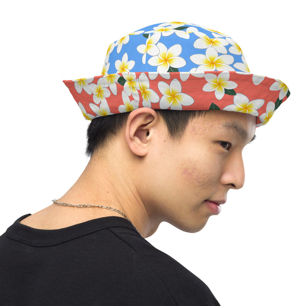 Reversible Plumeria Bucket Hat - Blue & Coral Tropical Hawaiian Sun Hat