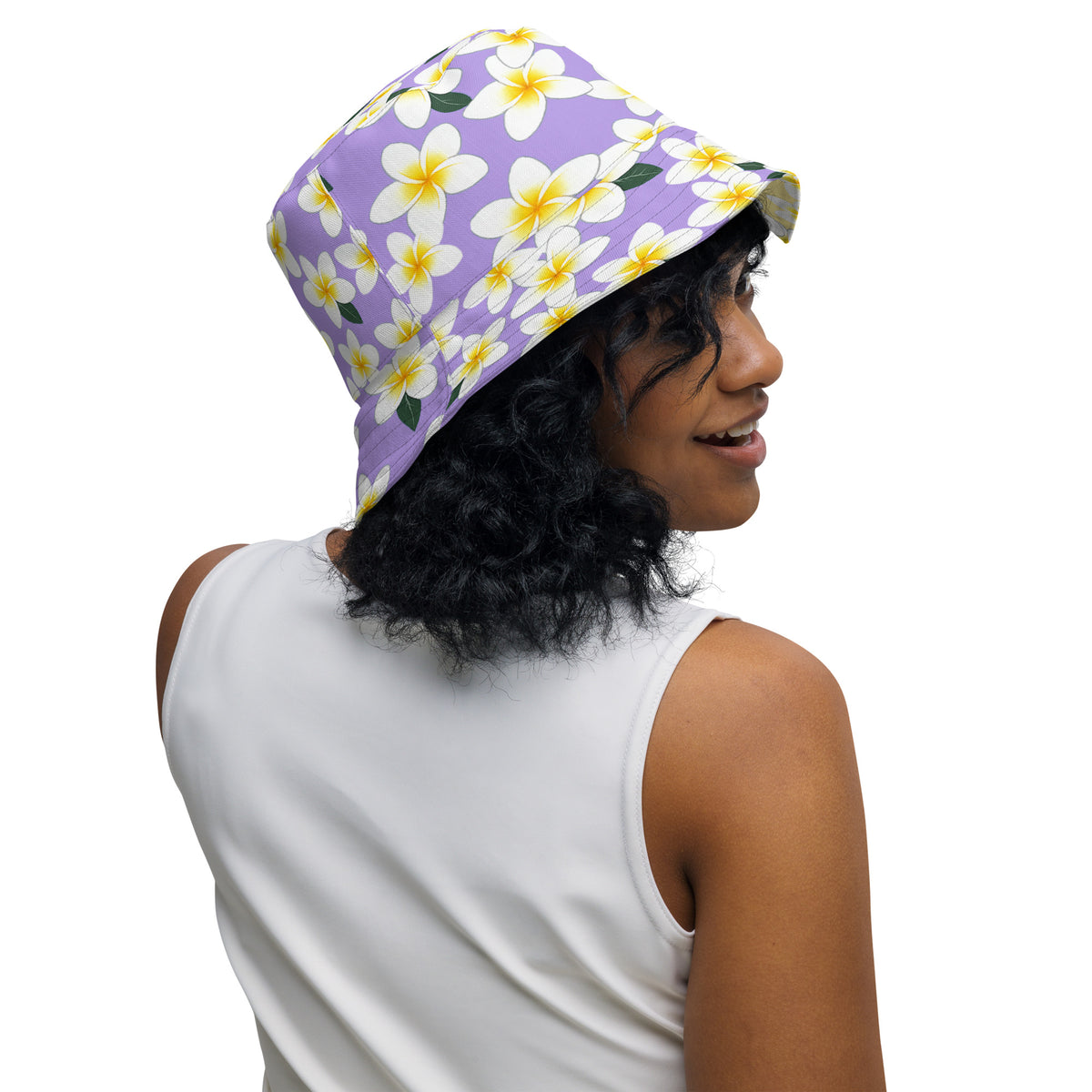Reversible Plumeria Flower Bucket Hat - Purple & Yellow Hawaiian Sun Hat