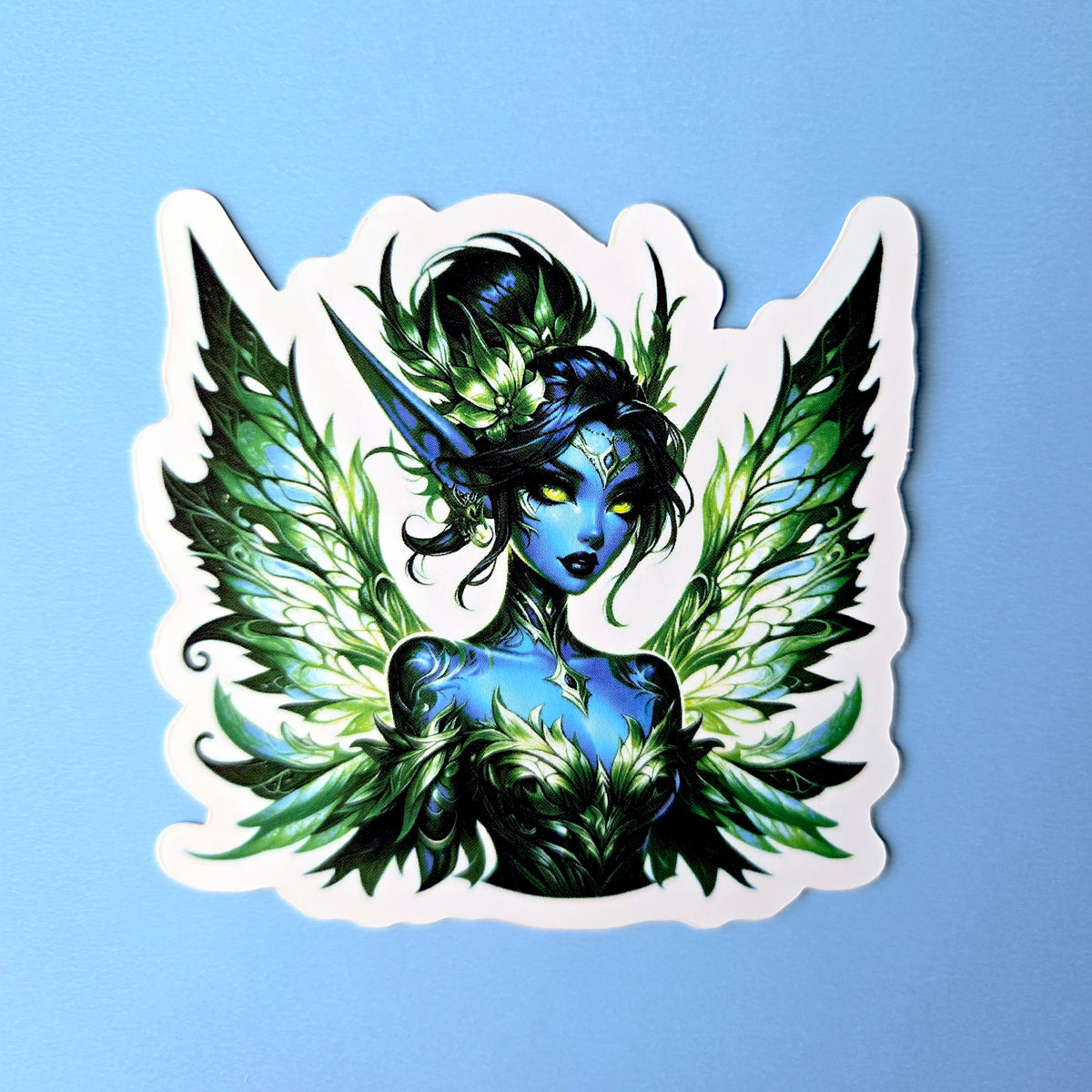 Blue Green Forest Fairy Sticker - Waterproof Vinyl - Elf with Wings Decal