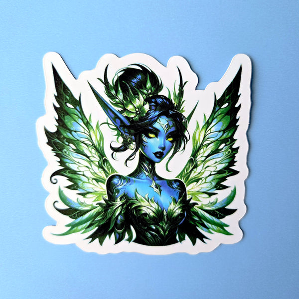Blue Green Forest Fairy Sticker - Waterproof Vinyl - Elf with Wings Decal