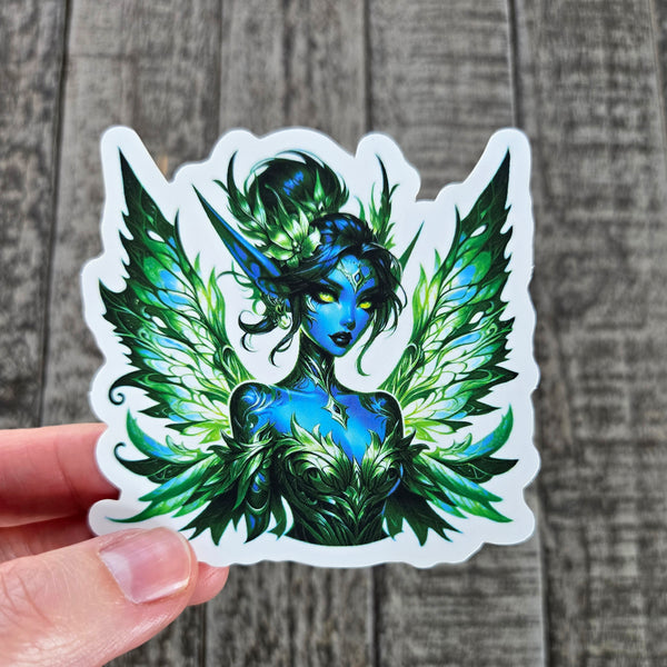 Blue Green Forest Fairy Sticker - Waterproof Vinyl - Elf with Wings Decal
