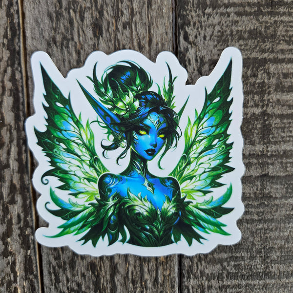 Blue Green Forest Fairy Sticker - Waterproof Vinyl - Elf with Wings Decal