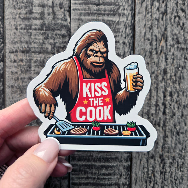BBQ Sasquatch Sticker - Funny Bigfoot Kiss The Cook Vinyl Decal