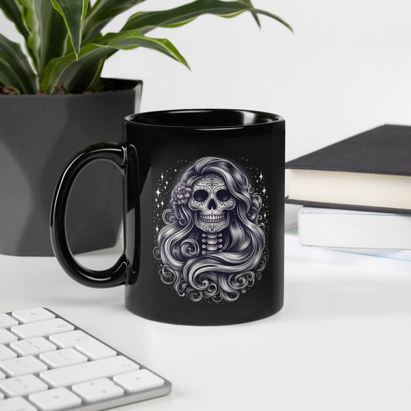 Calavera Mug, Gothic Sugar Skull Black Ceramic Coffee Cup