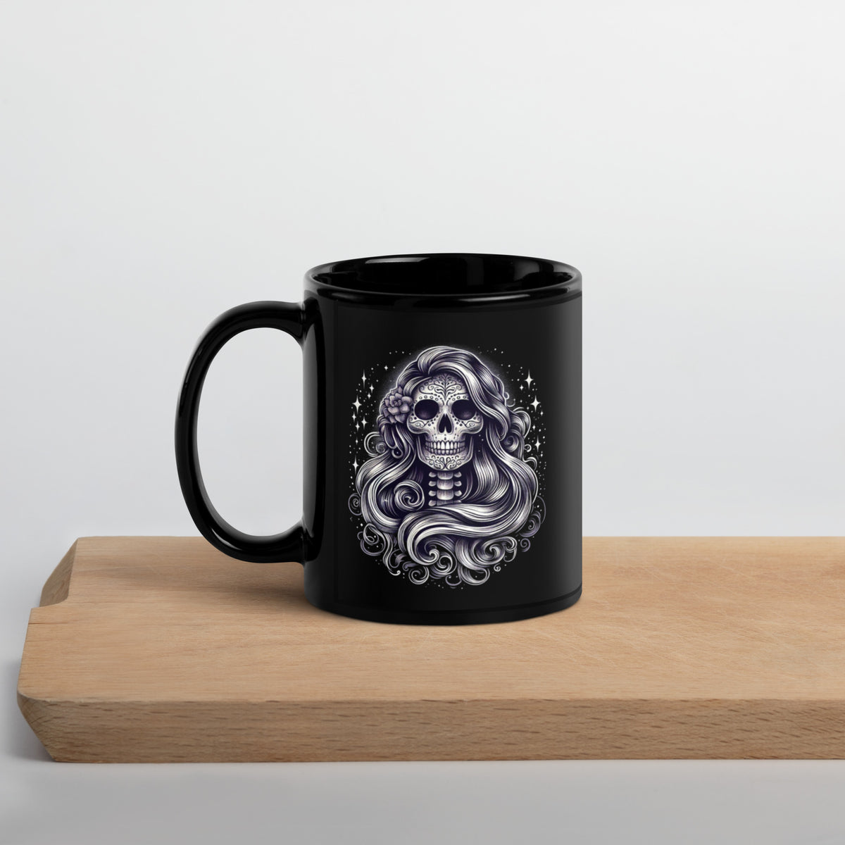 Calavera Mug, Gothic Sugar Skull Black Ceramic Coffee Cup