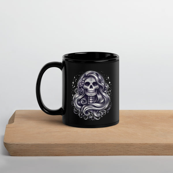 Calavera Mug, Gothic Sugar Skull Black Ceramic Coffee Cup