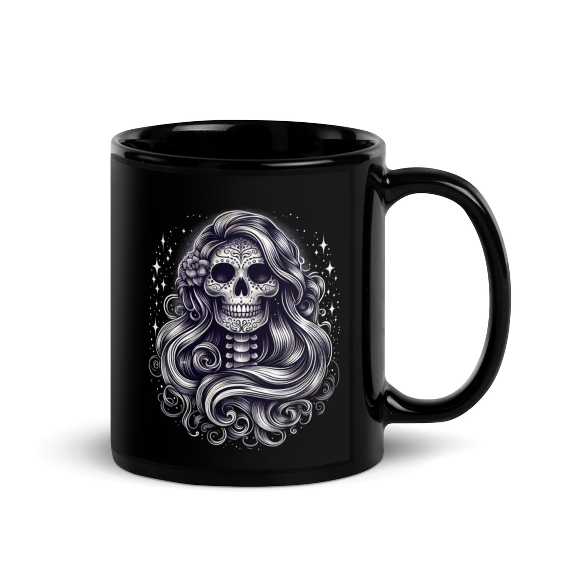 Calavera Mug, Gothic Sugar Skull Black Ceramic Coffee Cup