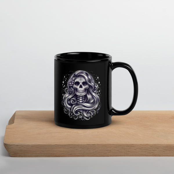 Calavera Mug, Gothic Sugar Skull Black Ceramic Coffee Cup