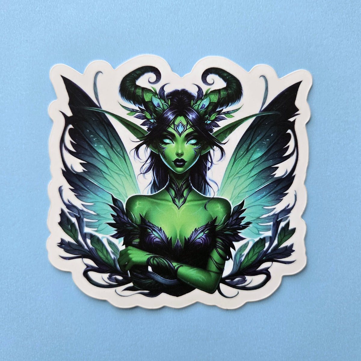 Enchanted Dark Green Fairy Sticker - Horned Fae - Winged Elf Vinyl Decal