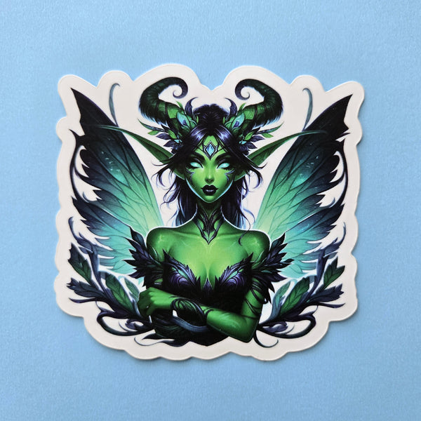 Enchanted Dark Green Fairy Sticker - Horned Fae - Winged Elf Vinyl Decal