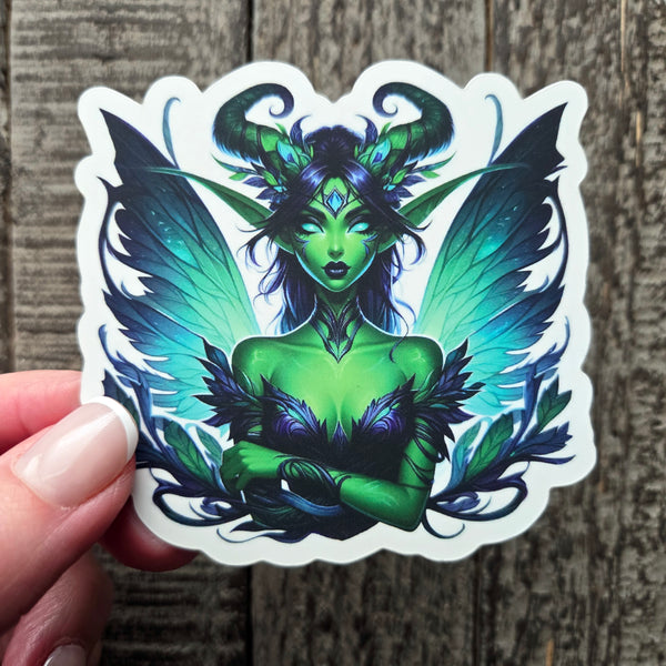 Enchanted Dark Green Fairy Sticker - Horned Fae - Winged Elf Vinyl Decal