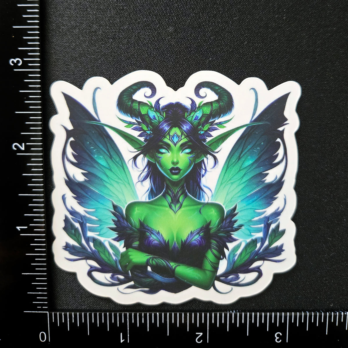 Enchanted Dark Green Fairy Sticker - Horned Fae - Winged Elf Vinyl Decal