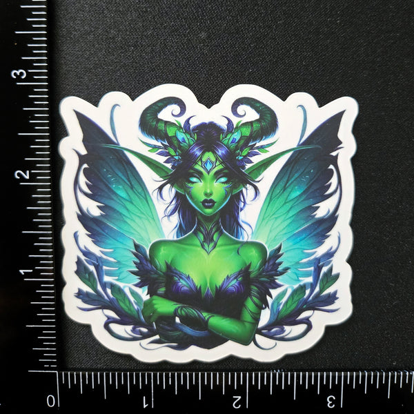 Enchanted Dark Green Fairy Sticker - Horned Fae - Winged Elf Vinyl Decal