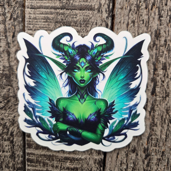 Enchanted Dark Green Fairy Sticker - Horned Fae - Winged Elf Vinyl Decal