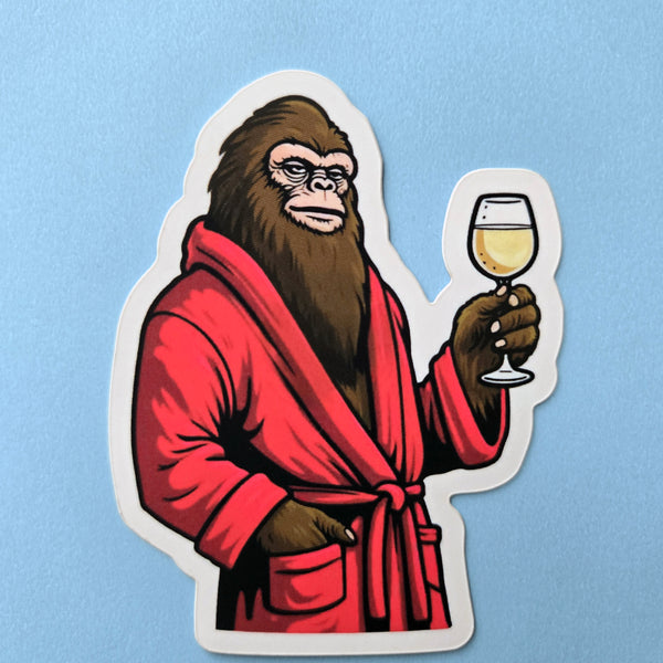 Sophisticated Sasquatch With Wine Vinyl Sticker - Classy Bigfoot Decal