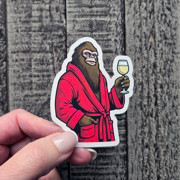 Sophisticated Sasquatch With Wine Vinyl Sticker - Classy Bigfoot Decal