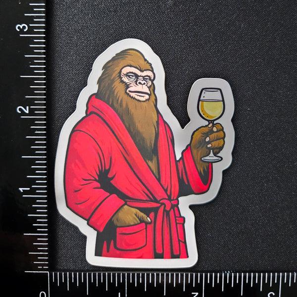 Sophisticated Sasquatch With Wine Vinyl Sticker - Classy Bigfoot Decal