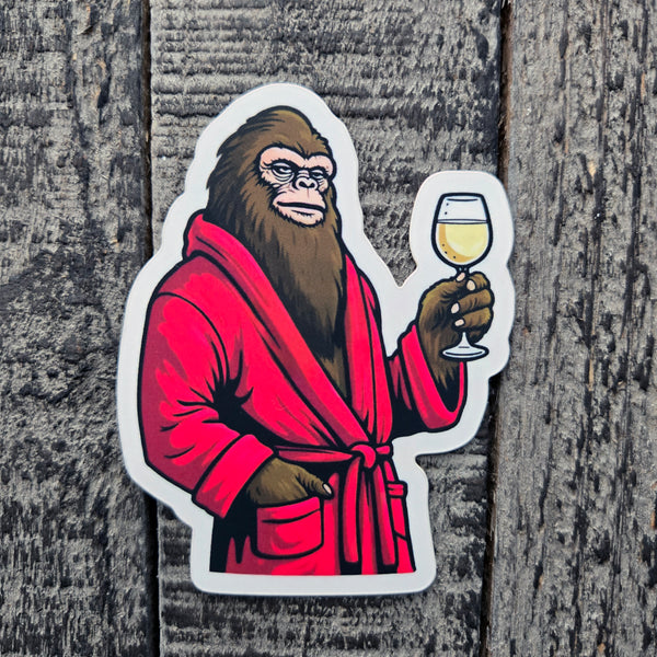 Sophisticated Sasquatch With Wine Vinyl Sticker - Classy Bigfoot Decal