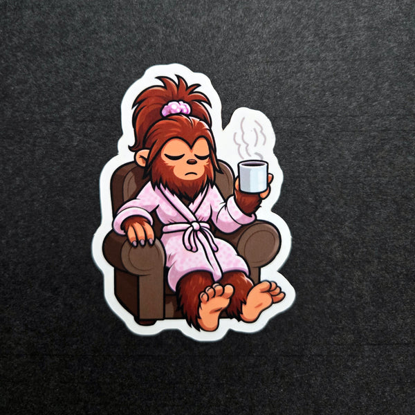 Morning Coffee Bigfoot Sticker - Funny Sasquatch Grumpy Mood Vinyl Decal Glossy or Matte Finish