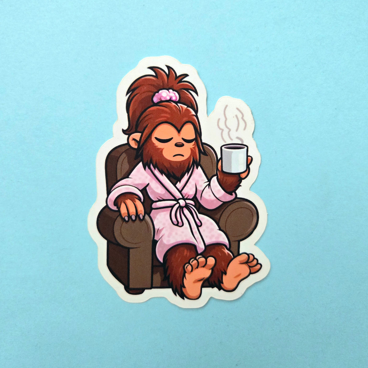Morning Coffee Bigfoot Sticker - Funny Sasquatch Grumpy Mood Vinyl Decal Glossy or Matte Finish
