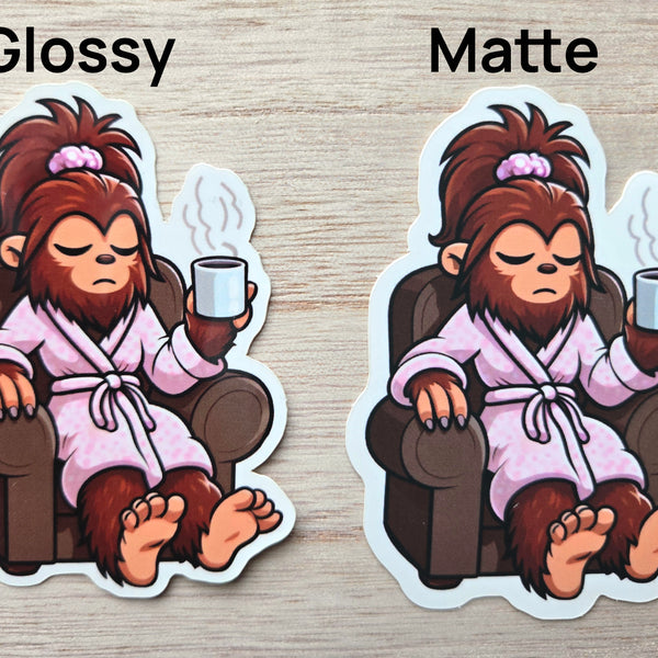Morning Coffee Bigfoot Sticker - Funny Sasquatch Grumpy Mood Vinyl Decal Glossy or Matte Finish